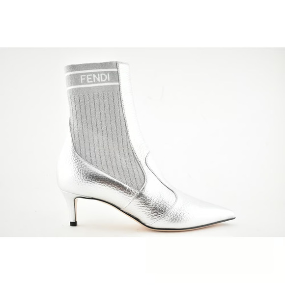 Fendi Rockoko Silver Scuba Stretch FF Logo Knit Sock Ankle Kitten Heel Boot 37.5 - Picture 10 of 12